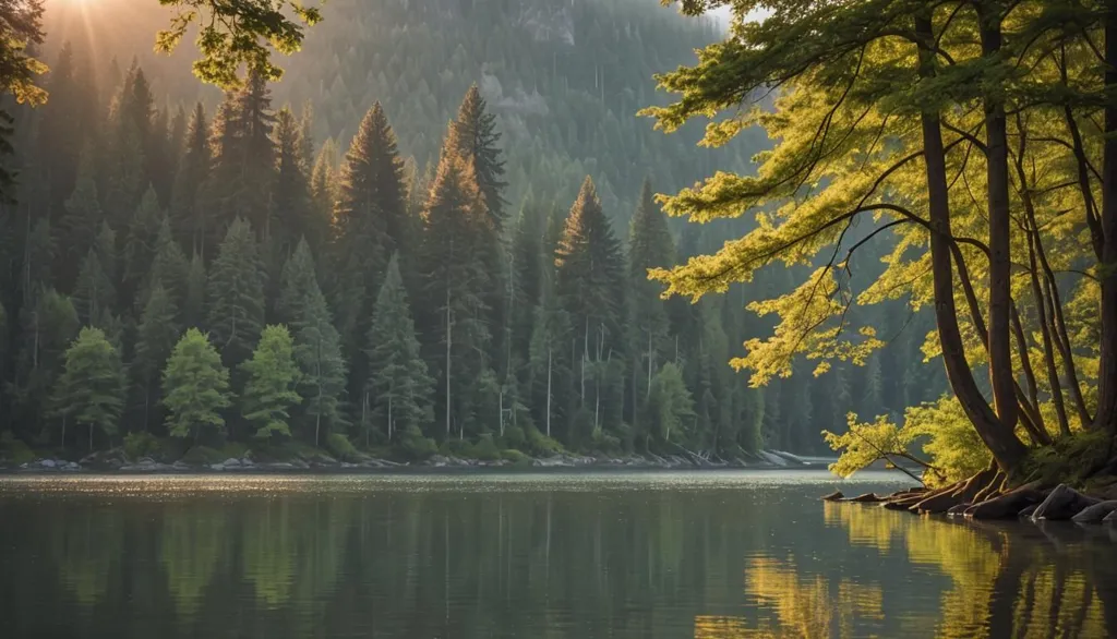 The sun is shining through the trees on a lake. The water is calm and still. The trees are reflected in the water. The sky is blue and there are some clouds. The forest is green and lush. The sun is casting shadows on the water. There is a large tree in the foreground with a large root system exposed.