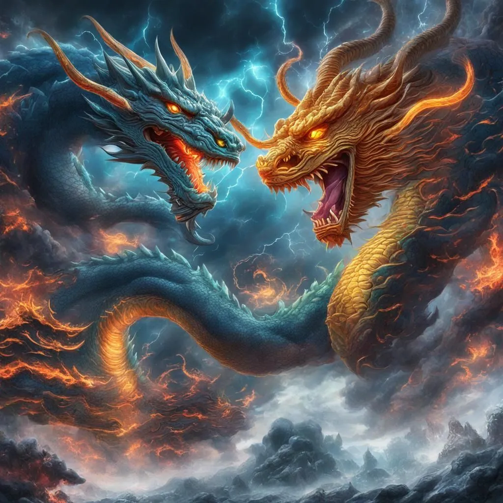 The image shows two dragons facing each other in a stormy sky. The blue dragon has its mouth open and is breathing fire, while the gold dragon has its mouth closed and is蓄势待发. The dragons are surrounded by clouds and lightning.