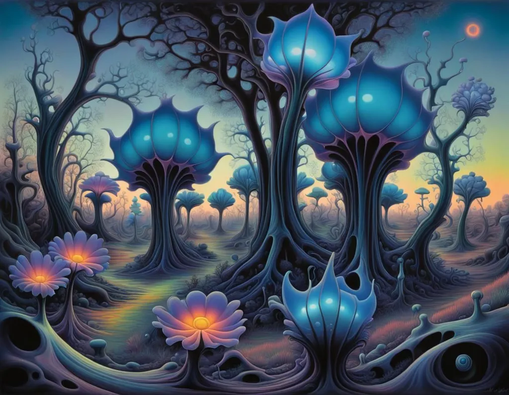 The image is a surreal landscape with a forest of glowing blue trees and strange flowers. The trees are tall and slender, with smooth bark and branches that reach out to the sky. The flowers are large and colorful, with petals that seem to glow in the light. The ground is covered in a thick layer of moss, and there is a small stream that runs through the middle of the forest. The sky is a deep blue, and there is a single star that shines brightly in the distance.