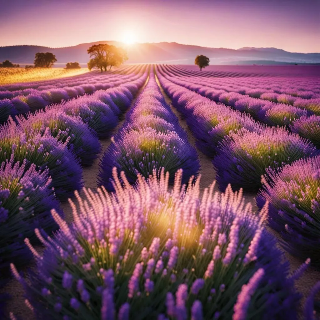 The image shows a field of lavender in bloom. The lavender is a beautiful purple color, and it is in full bloom. The field is very large, and it is surrounded by trees. The sun is setting, and it is casting a warm glow over the field. The image is very peaceful and relaxing.