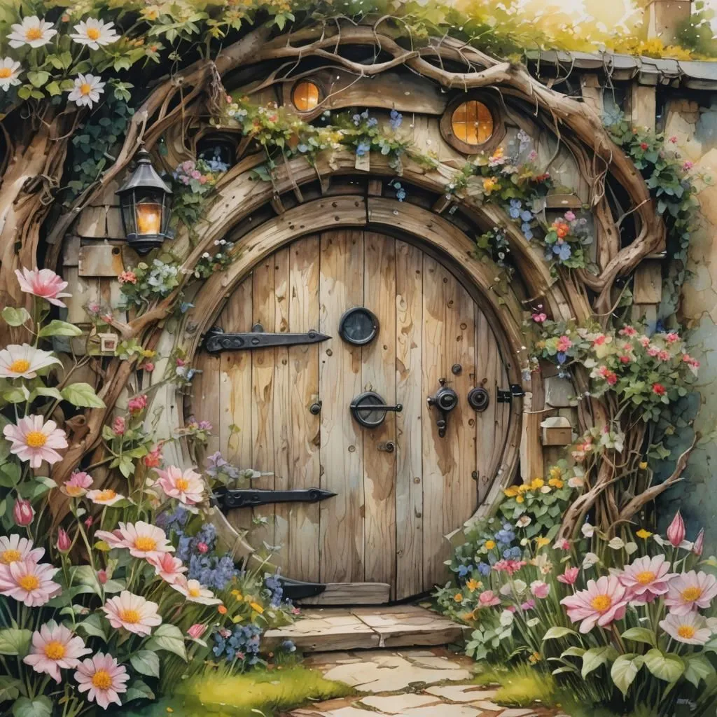 The image is a painting of a hobbit hole. The hobbit hole is a round wooden door with a stone path leading up to it. The door is surrounded by a variety of flowers and plants. The hobbit hole is located in a forest.