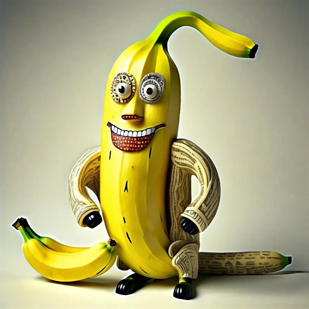 This is a picture of a banana. It has a face with googly eyes, a big smile, and two small teeth. It is wearing a suit made of newspaper. It has two small bananas next to it.