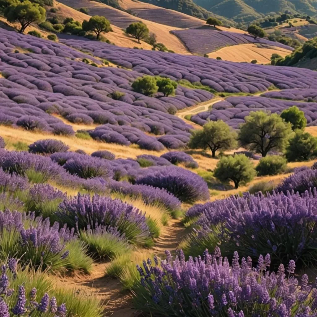 The image shows a field of lavender in bloom. The lavender is planted in rows, with a small path running between each row. The field is surrounded by hills, which are covered in a blanket of green grass. There are also a few trees scattered around the field, providing shade for the lavender plants. The sky is a clear blue, with a few white clouds dotting the horizon. The air is filled with the sweet scent of lavender.