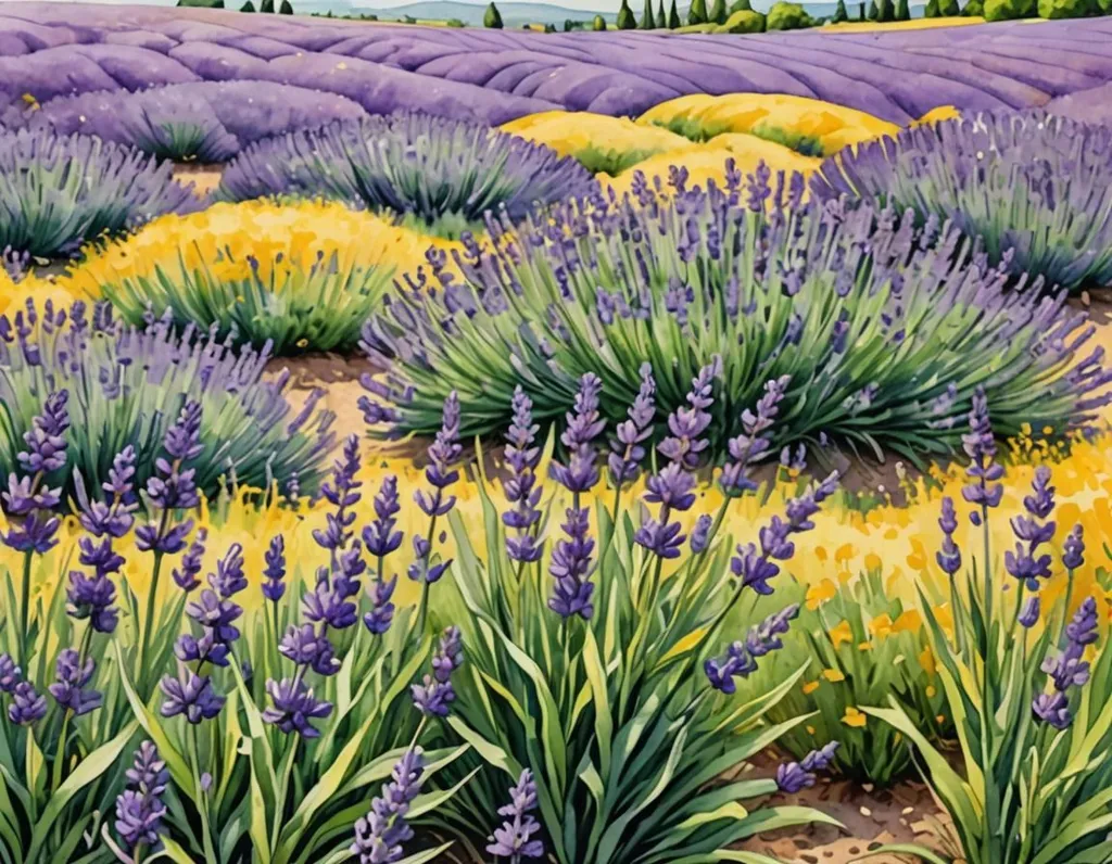 This is a watercolor painting of a lavender field. The lavender is in full bloom, and its purple flowers are contrasted against the green of the leaves. The field is surrounded by hills, and there is a blue sky with white clouds overhead. The painting has a warm and inviting atmosphere, and it captures the beauty of the lavender fields in Provence.