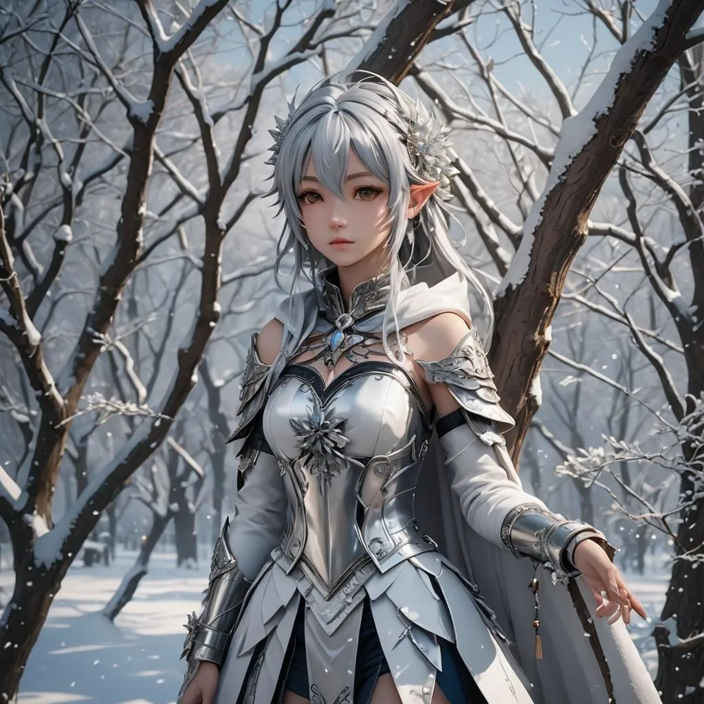 The picture shows a beautiful elf girl with long white hair and purple eyes. She is wearing silver armor and a white dress. She is standing in a snowy forest, and there are trees all around her. The snow is falling, and it looks like a winter wonderland.