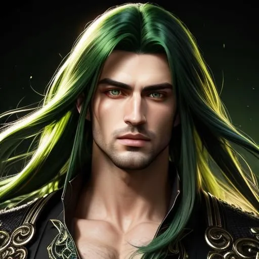 This image shows a man with long green hair and green eyes. He appears to be of a mystical or fantasy nature, and is possibly a character from a video game or anime. He is wearing a dark green shirt with gold trim, and has a serious expression on his face.