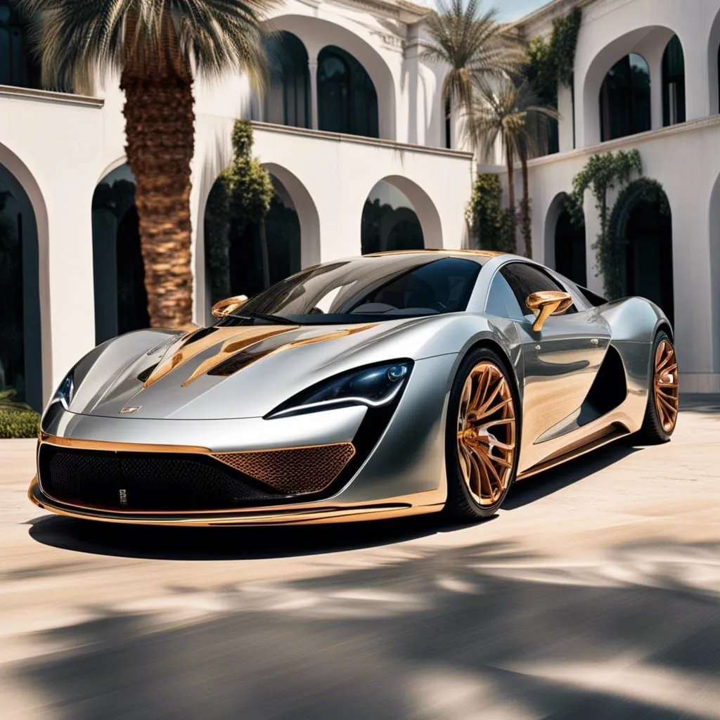 This is a silver and gold sports car. It is parked in front of a large white building. The car has a sleek design and a powerful engine. The interior is luxurious and comfortable. The car is a concept car and has not yet been released for sale.