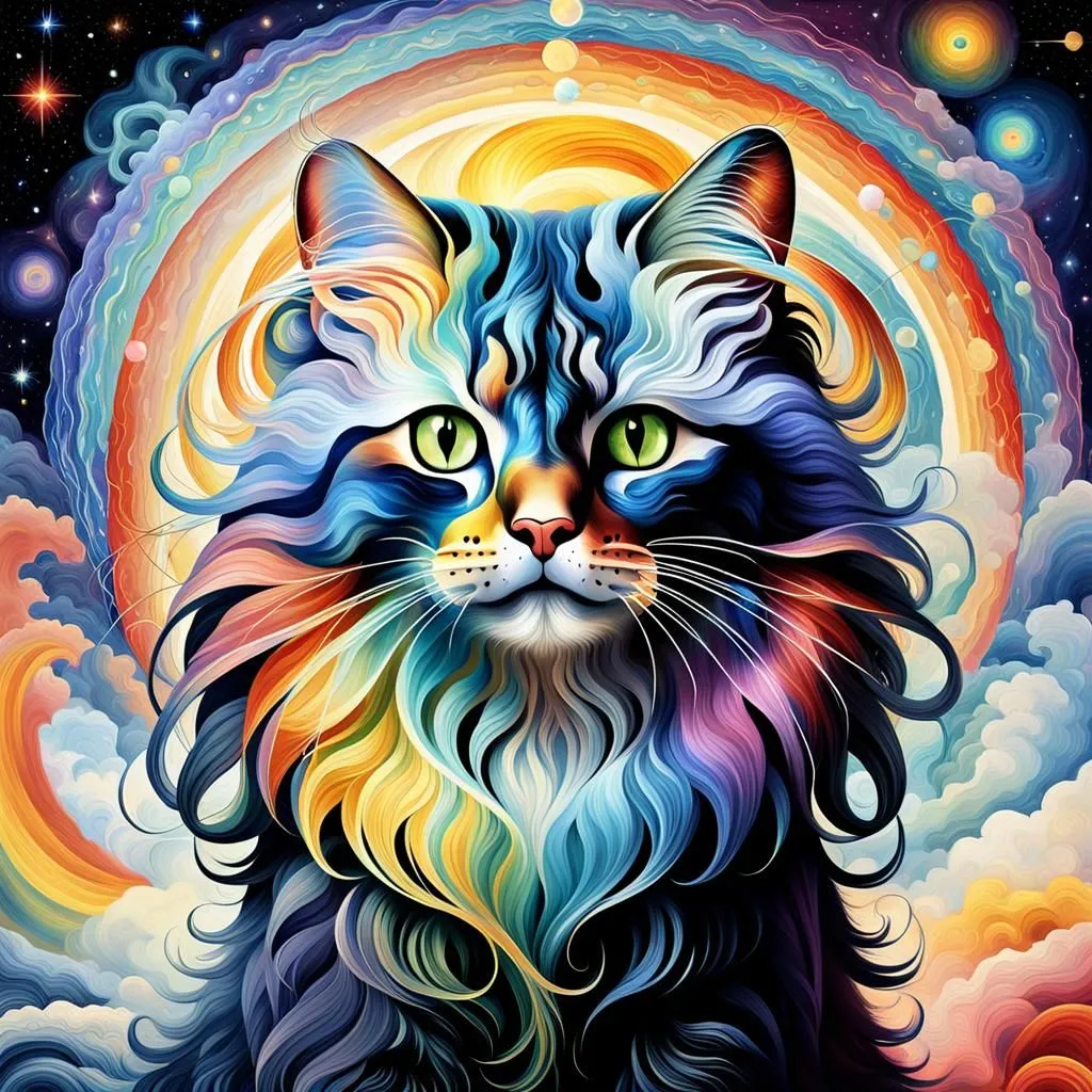 This is a digital painting of a cat. It has long, flowing hair that is a rainbow of colors. The cat is sitting in front of a starry night sky. There are clouds and a rainbow behind it. The cat's eyes are green and they are looking at the viewer. The painting is very colorful and has a surreal quality to it.