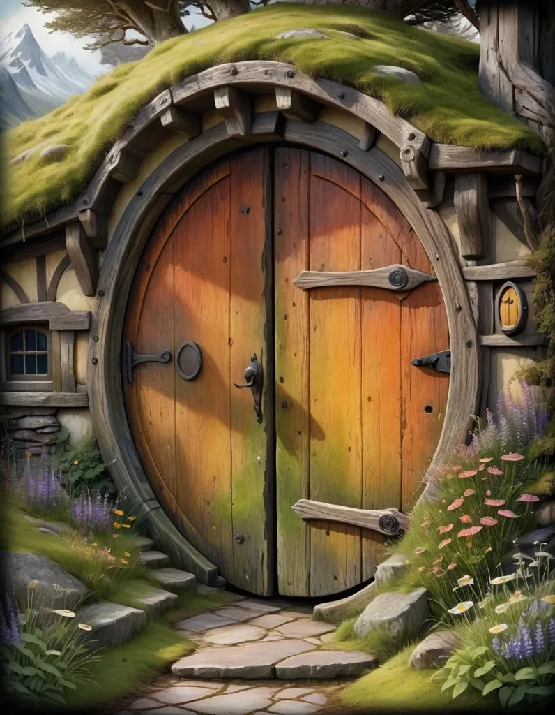 The image is of a hobbit hole, a fictional underground dwelling from the Lord of the Rings series. It has a round wooden door painted in warm colors and a stone path leading up to it. The door is surrounded by a lush green landscape with flowers and plants.