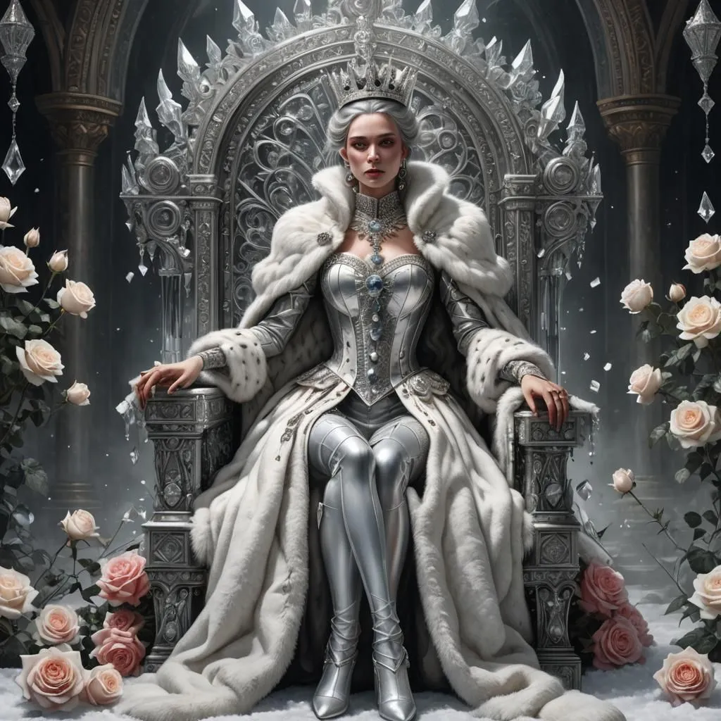 The Snow Queen sits on her throne of ice and snow. She is a beautiful woman with long white hair and pale skin. She wears a silver dress and a fur coat. Her eyes are a deep blue, and they seem to see right through you. She is surrounded by roses, which are her favorite flowers.