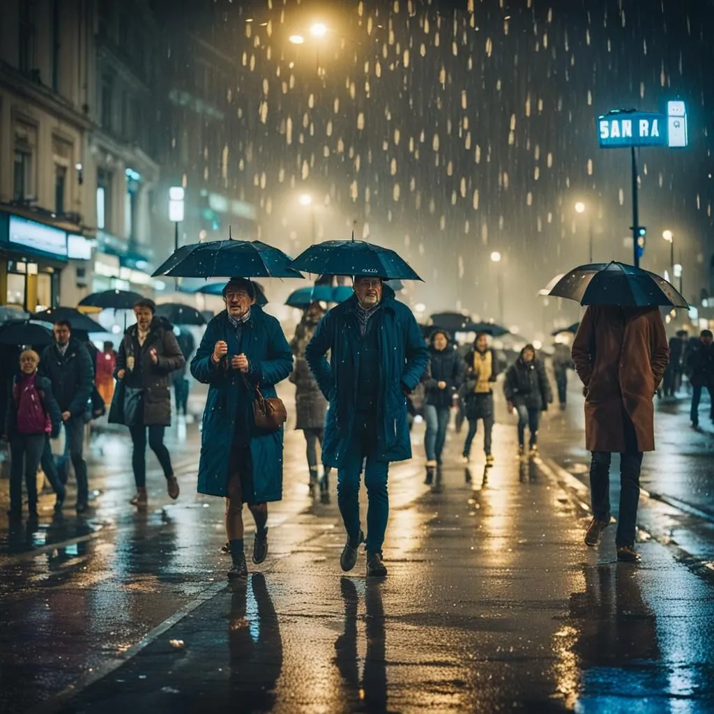 It's raining heavily on a city street at night. The street is lit by streetlights and the headlights of cars. People are walking in the street, some of them are holding umbrellas. The people are wearing coats and hats to protect themselves from the rain. The rain is falling hard and making a lot of noise.  The street is crowded with people, all of whom are trying to get out of the rain.