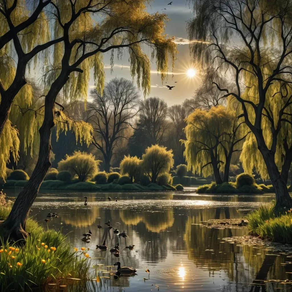 The sun shines through the trees onto a peaceful lake. The ducks are swimming in the lake and the birds are flying overhead. The trees are reflected in the water with long branches hanging down. The sun is setting and the sky is turning into a beautiful orange. The scene is peaceful and serene.