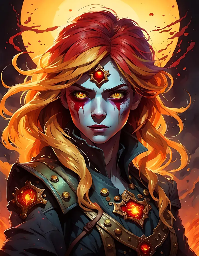 This is a picture of a woman with long red hair and yellow eyes. She is wearing a blue shirt with gold trim and has a red gem in her forehead. She is standing in front of a fiery background and has a determined expression on her face.