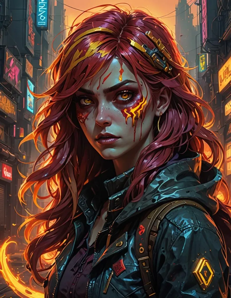 This is an image of a woman with red hair and yellow eyes. She is wearing a black jacket and has a yellow symbol on her chest. There are also some red and yellow markings on her face. She is standing in a dark place with some orange lights in the background.