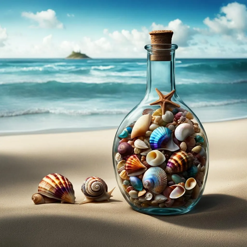 On a beautiful day at the beach, there is a bottle filled with seashells and a cork. There are also seashells and snails on the sand next to the bottle. The water is a bright blue and the sand is white. There is a small island in the distance. The sky is blue and there are white clouds.