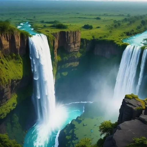 The image is of a waterfall. The waterfall is very tall and the water is falling from a great height. The waterfall is surrounded by a lush green forest. The water is a beautiful blue color and it is crashing against the rocks below. The waterfall is in a remote area and it is surrounded by a lush green forest. The waterfall is a beautiful and natural wonder.