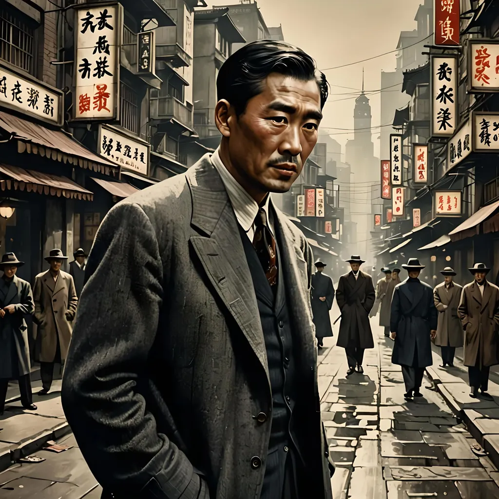 The image shows a Chinese man wearing a Western-style suit and tie. He has a serious expression on his face. He is standing in a street with traditional Chinese architecture. There are people walking in the street. The image is in muted colors.