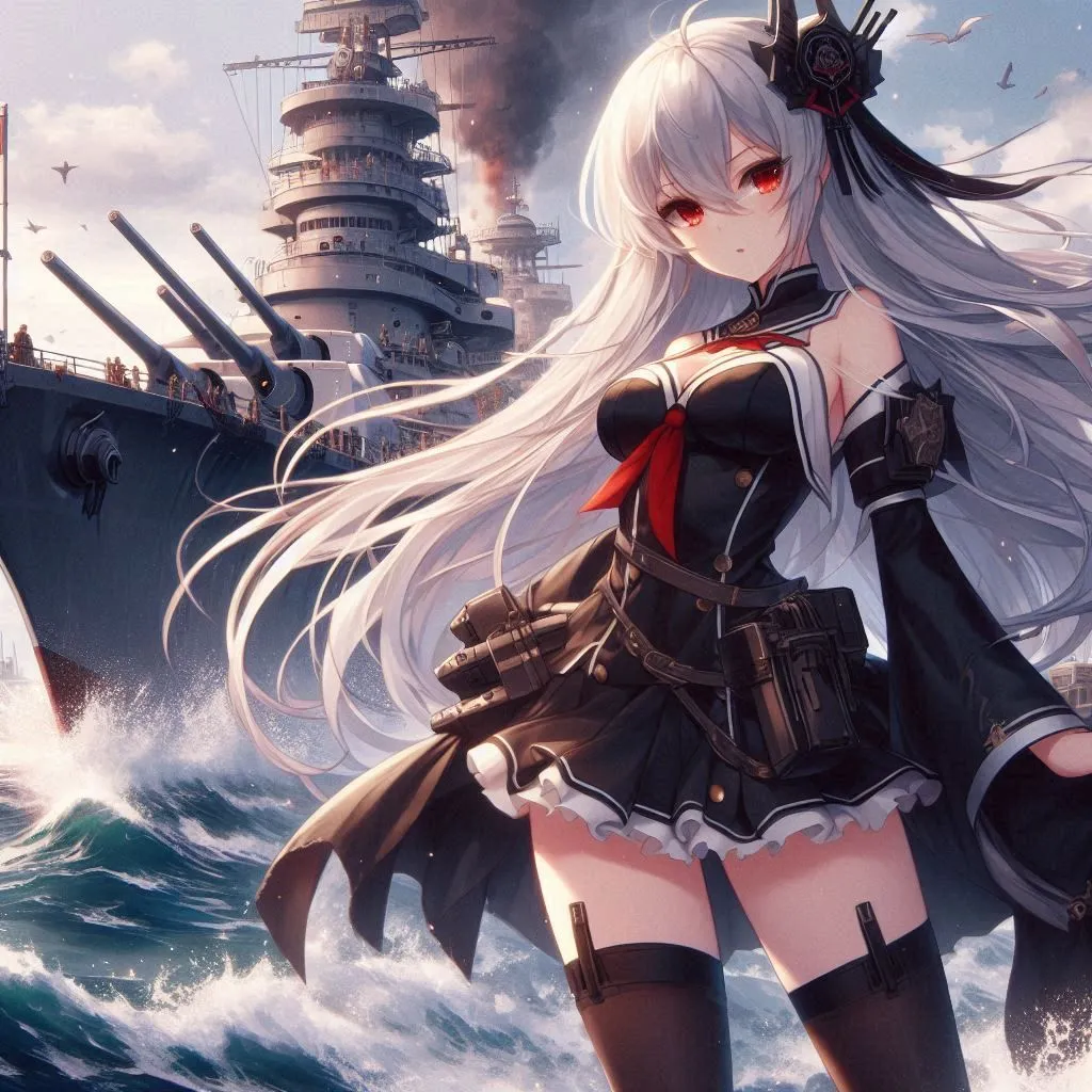 The image is of a young woman with long white hair and red eyes. She is wearing a black and red military-style outfit and is standing in front of a large battleship. The battleship is firing its guns and there are explosions in the background. The woman is looking at the viewer with a determined expression on her face.