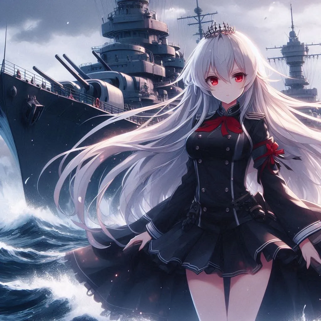 The image shows a beautiful anime girl with long white hair and red eyes. She is wearing a black military uniform with a red sash and a white skirt. She is standing in front of a large battleship, with a serious expression on her face. The waves are splashing against the side of the ship, and the sky is dark and cloudy.