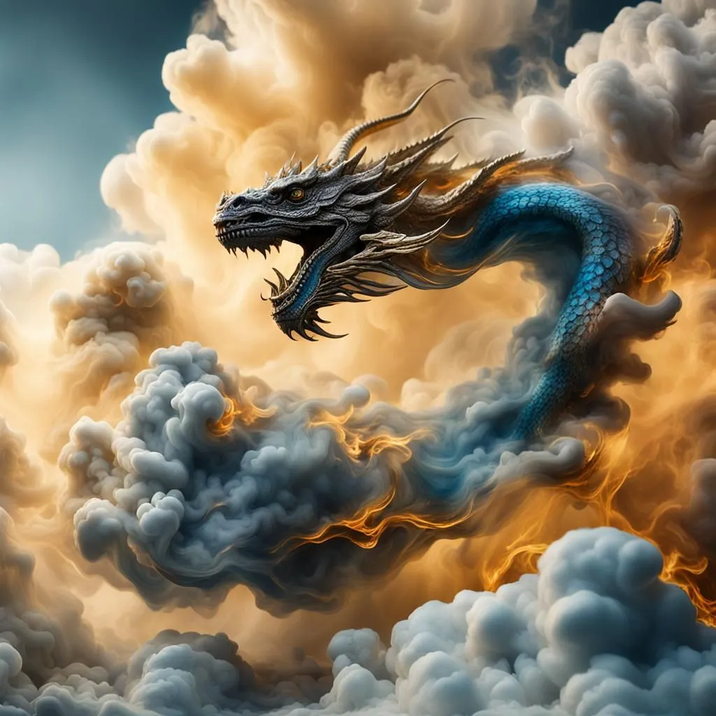 A magnificent silver-blue dragon soars through the clouds. Its long, serpentine body is covered in shimmering scales, and its wings are outstretched as it flies. The dragon's head is狰狞, with sharp teeth and a forked tongue. Its eyes are a deep, piercing blue, and they seem to glow with inner fire. The dragon is surrounded by clouds, which swirl and churn around it. The clouds are lit up from within, and they seem to be on fire. The dragon is a powerful and majestic creature, and it is clear that it is the master of its domain.