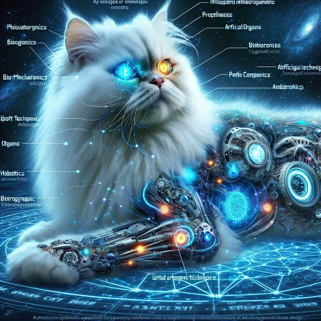 The image shows a white cat with blue and yellow eyes. It is wearing a black collar with a tag that says "Property of Cyberdyne Systems." The cat is standing in front of a blue background with a grid of lines. There are several words written around the cat, including "biometrics," "cybernetics," and "robotics." These words suggest that the cat is some kind of cyborg or robot.