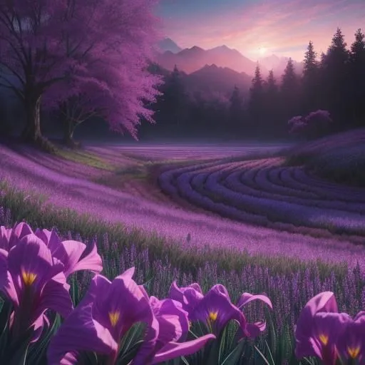 The image is a beautiful landscape of a lavender field at sunset. The lavender is in full bloom and the sun is setting behind the mountains in the distance. The sky is a deep purple and the lavender is a light purple. There are also some purple flowers in the foreground. The image is very peaceful and relaxing.