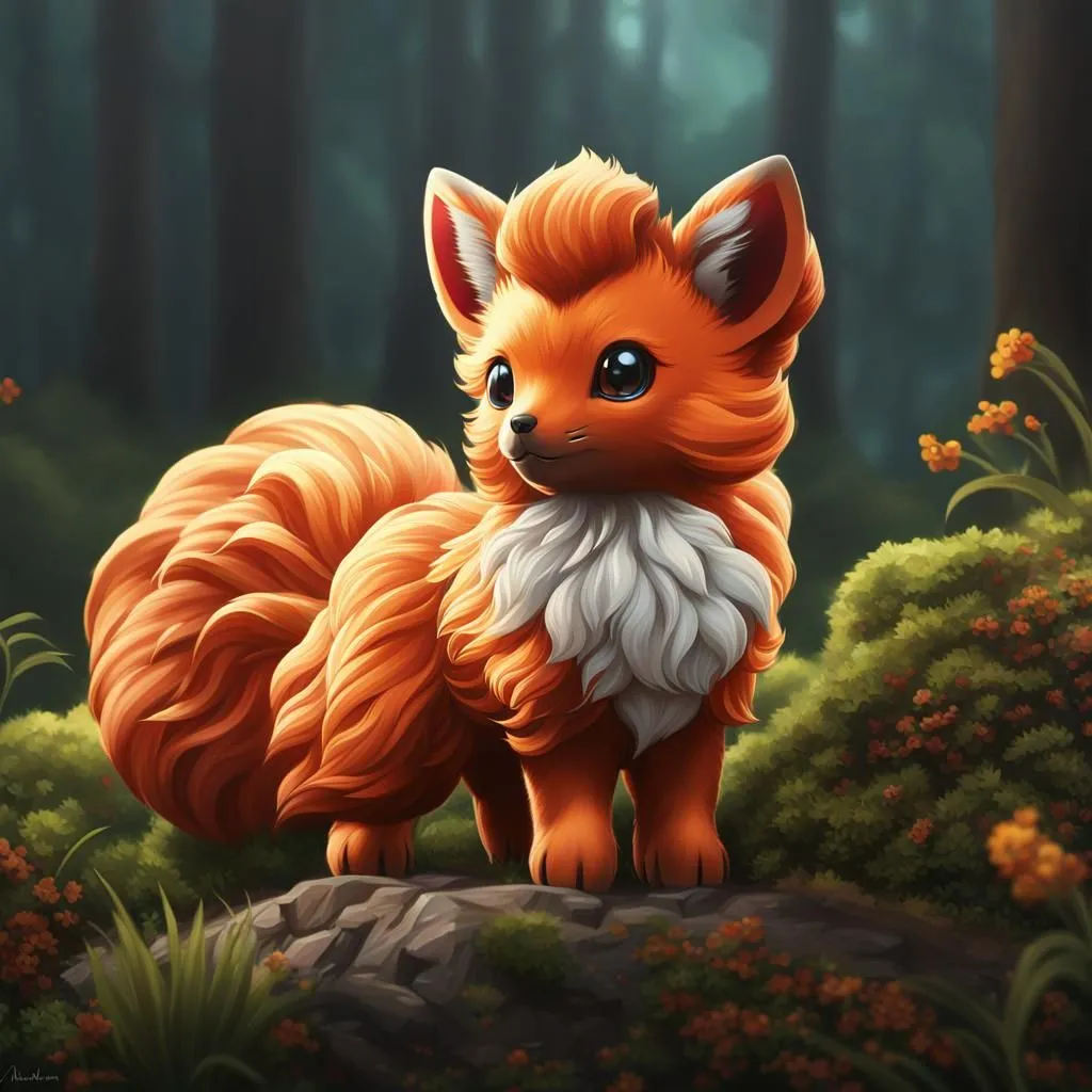 The image is of a cute, cartoonish fox-like creature with big, fluffy ears and a long, bushy tail. It has orange fur with white and cream-colored markings on its chest, belly, and paws. The creature is standing on a rock in a lush, green forest, surrounded by tall grass, flowers, and other plants. It has large, blue eyes and a friendly expression on its face.