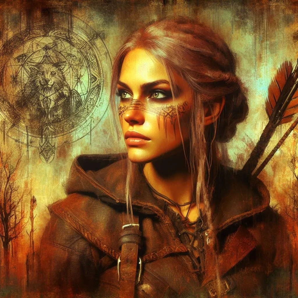 This is a picture of a female warrior. She has long blonde hair, green eyes, and a few scars on her face. She is wearing a brown leather jerkin and has a quiver of arrows slung over her shoulder. She is standing in front of a stone wall with a large circular symbol carved into it.