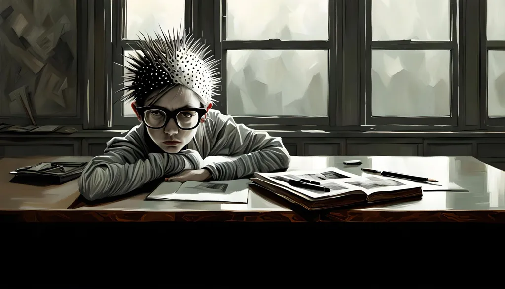 A young person with short black hair and glasses is sitting at a desk in a classroom. The walls are bare and the windows are covered in frost. The person is wearing a white shirt and has their head resting on their arms. They look bored and uninterested. There is a book, some papers, and pencils on the desk.