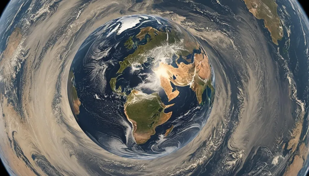 The image shows the Earth from a unique perspective. Rather than the traditional view of the Earth from space, this image shows the Earth from the inside of a hurricane. The eye of the hurricane is clearly visible, as well as the swirling clouds and winds that surround it. It is a reminder of the power and beauty of nature, and of the fragility of our planet.