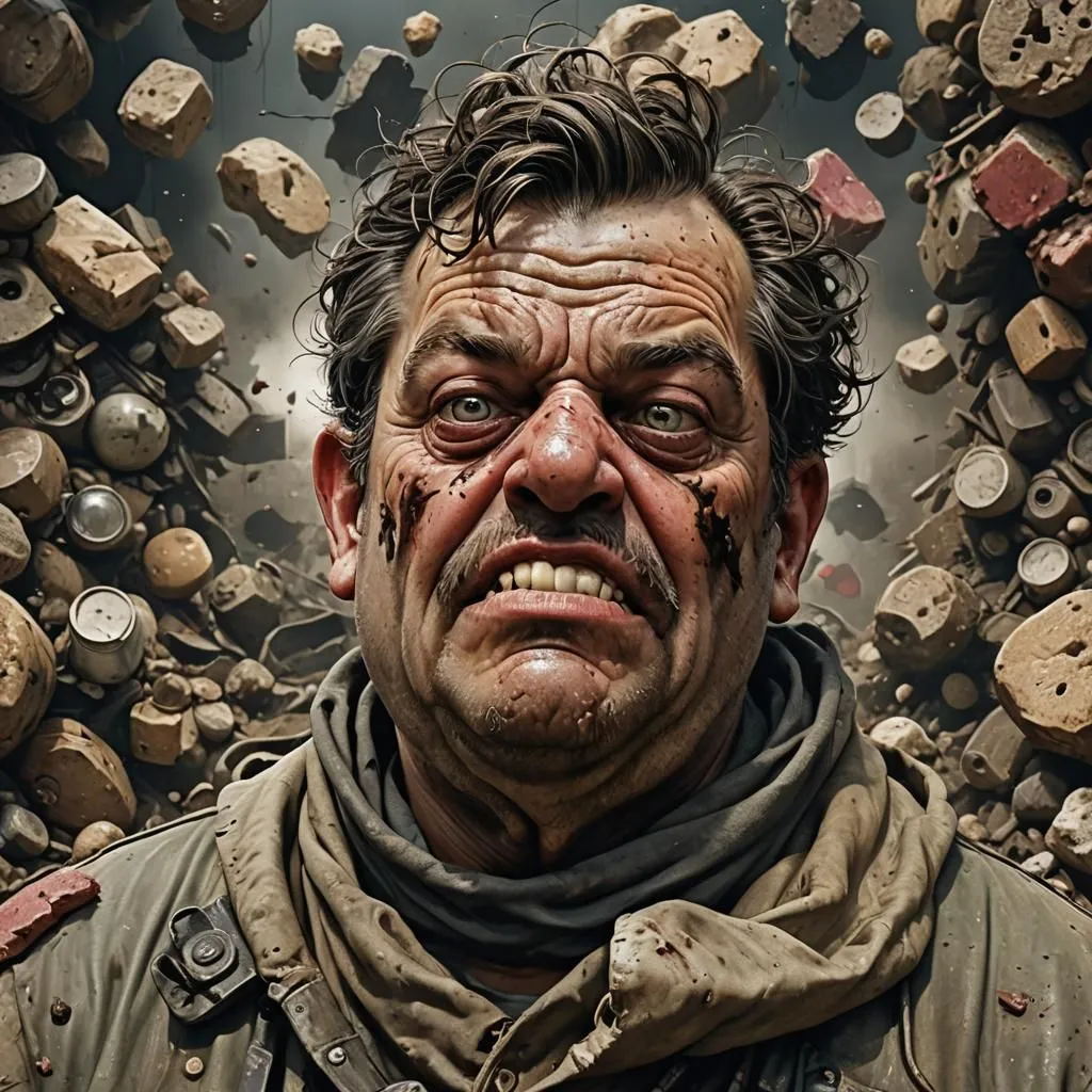 The image is a portrait of a man. He has a very angry expression on his face. He is wearing a military-style hat and a scarf around his neck. He is covered in dirt and grime. The background is a war zone. There are explosions and debris flying everywhere. The man is probably a soldier who is fighting in the war. He looks like he is very experienced and has seen a lot of combat. He is probably very tired and stressed out. He is probably also very angry at the people who are fighting against him. He is probably very scared, but he is also very determined to win the war.