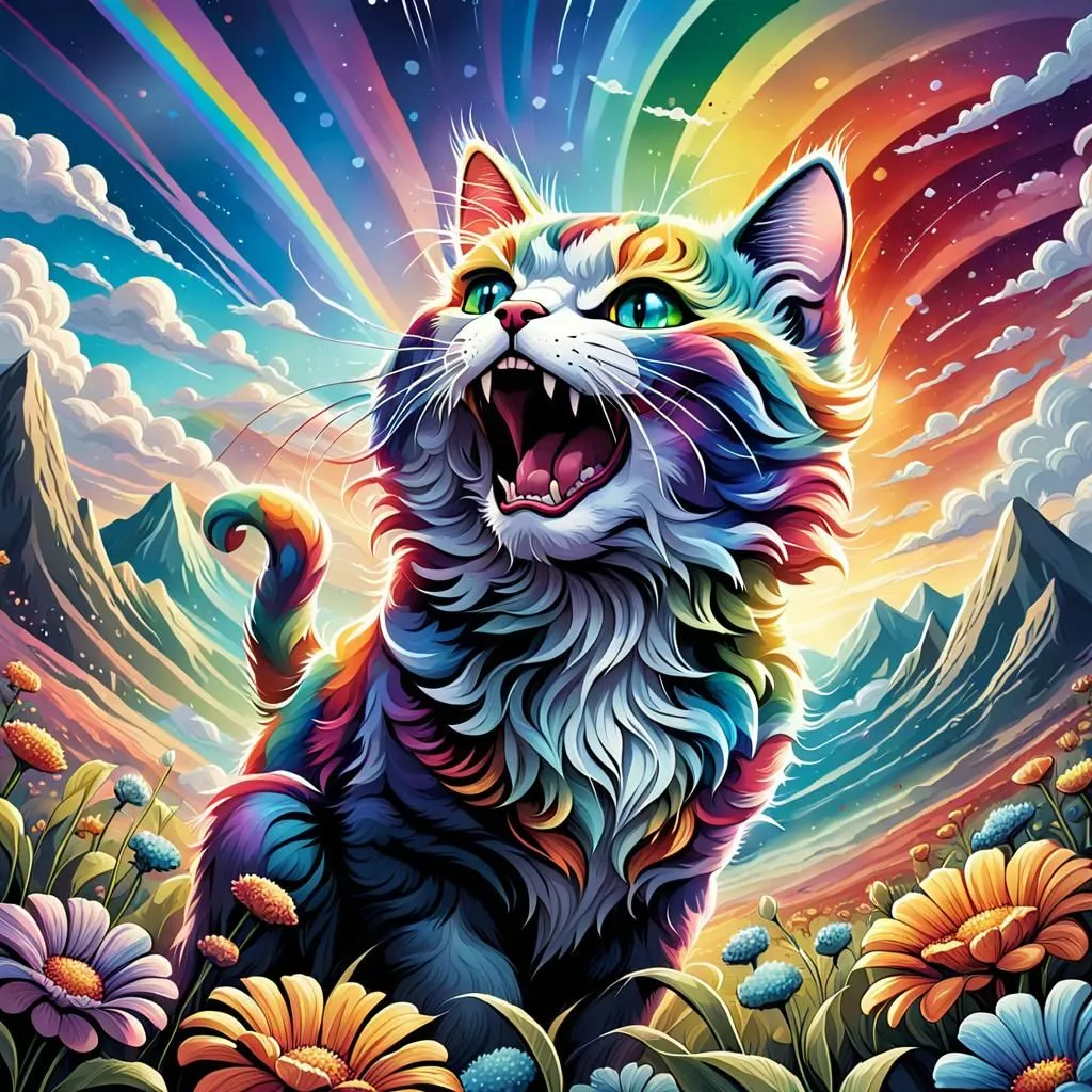 This is a digital painting of a cat. It is sitting in a field of flowers, with a rainbow in the background. The cat is very colorful, with fur that is a rainbow of colors. Its eyes are green and it has a wide open mouth. The painting has a very whimsical and psychedelic feel to it.