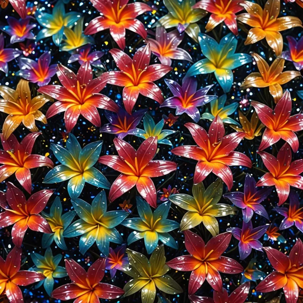 The image is a beautiful pattern of multicolored flowers. The flowers are in various stages of bloom, and the colors are vibrant and saturated. The background is a deep blue color, which makes the flowers stand out. The overall effect is one of beauty and tranquility.