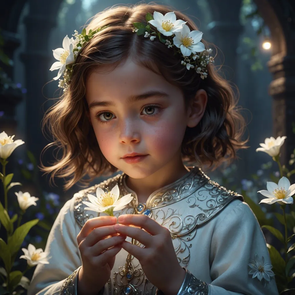 The little girl is wearing a white dress with a silver bodice. She has a wreath of white flowers in her hair and is holding a white flower in her hands. She has big green eyes and a sweet smile. She is standing in a dark place, but the light is shining on her.