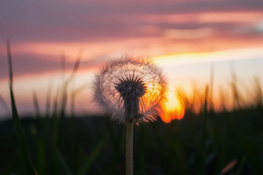 The sun is setting in a beautiful sky. The dandelion is in the foreground and is backlit by the sun. The dandelion is a symbol of hope and new beginnings. The sun is a symbol of life and energy. The image is peaceful and serene.