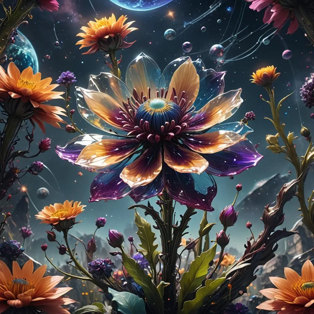 The image is a beautiful depiction of a garden in space. There are many different types of flowers, all of which are brightly colored and detailed. The flowers are arranged in a way that is pleasing to the eye, and the overall effect is one of beauty and tranquility. The background is a dark blue, which makes the flowers stand out even more. There are also some small planets and moons in the background, which add to the sense of wonder and mystery.