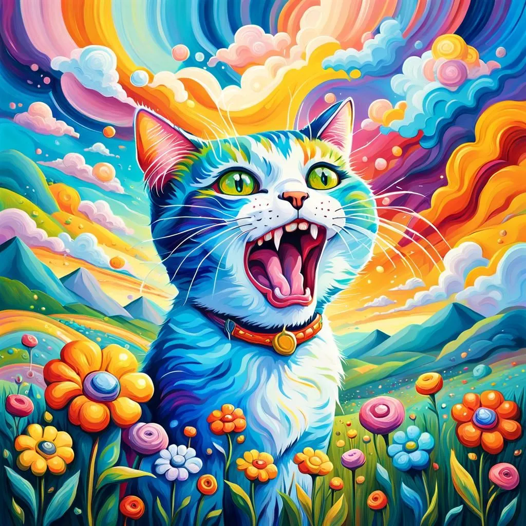 This is a digital painting of a cat. The cat has its mouth wide open and is surrounded by colorful flowers. The background is a bright and colorful landscape with mountains, clouds, and a rainbow. The painting has a whimsical and psychedelic style.