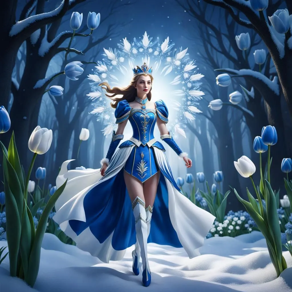 The Snow Queen is a beautiful, yet powerful, figure who rules over the winter landscape. She is often depicted as a tall, slender woman with long, flowing hair and pale skin. She wears a crown made of ice and snow, and her eyes are a piercing blue. The Snow Queen is said to be able to freeze anything with her touch, and she can also create blizzards and snowstorms. She is a solitary figure, and she is said to be very lonely. Despite her cold exterior, the Snow Queen is also said to be very kind and compassionate. She is said to be a protector of animals, and she is also said to be able to grant wishes.