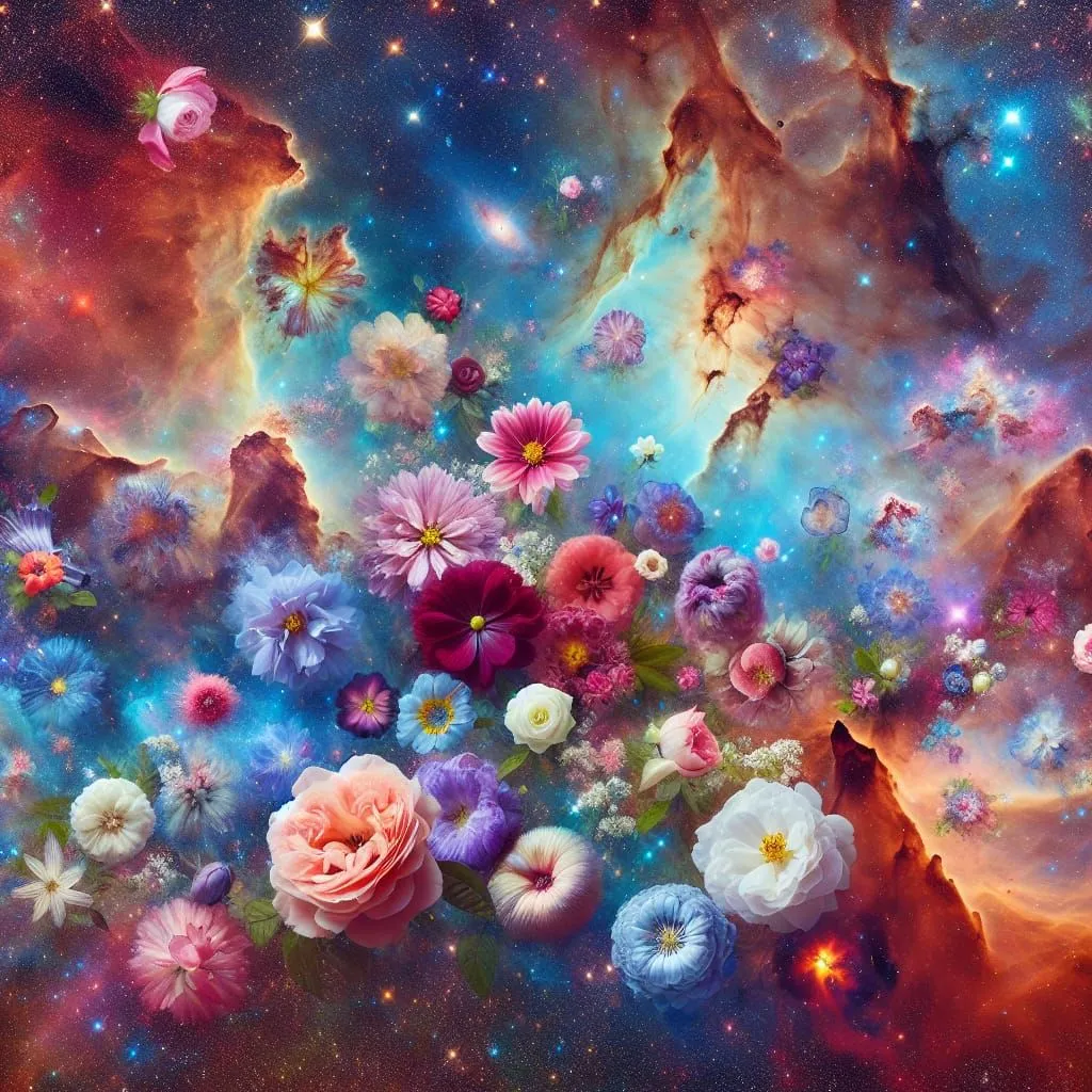 The image is a beautiful depiction of flowers in space. The flowers are of various colors and shapes and appear to be floating in a sea of stars. The background is a dark blue and purple, with bright white stars scattered throughout. The image is both calming and inspiring, and it evokes a sense of wonder and awe.