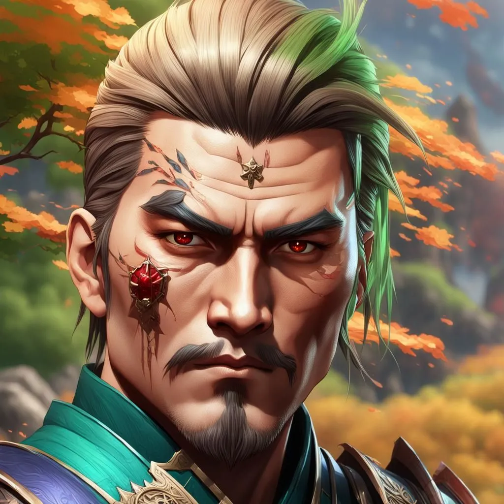 This is a picture of a man with green and white hair. He has red eyes and a red jewel embedded in his face. He is wearing a green shirt with gold trim. The background is a blur of orange and yellow leaves.