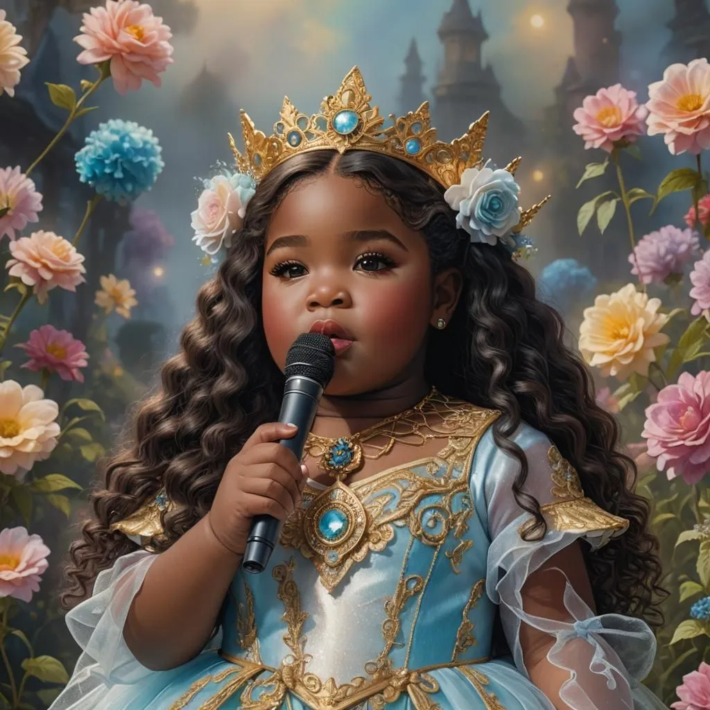 This is a picture of a little girl. She is wearing a blue dress with gold trim. She has a crown on her head and is holding a microphone. She is standing in front of a pink and blue floral background. The little girl has dark brown hair and brown eyes. She is smiling.