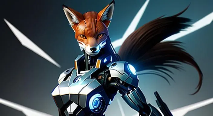 The image is of a futuristic, anthropomorphic fox. It is standing on two legs and has a long, flowing tail. Its body is covered in sleek, metallic armor and its face is狐狸的脸, but with a few key differences. The eyes are a bright, glowing blue, and the ears are pointed and tufted. The fox is also wearing a pair of futuristic goggles. It is standing in a confident pose, and its eyes are narrowed in determination. The background is a blur of light and dark, suggesting that the fox is in the midst of a battle.