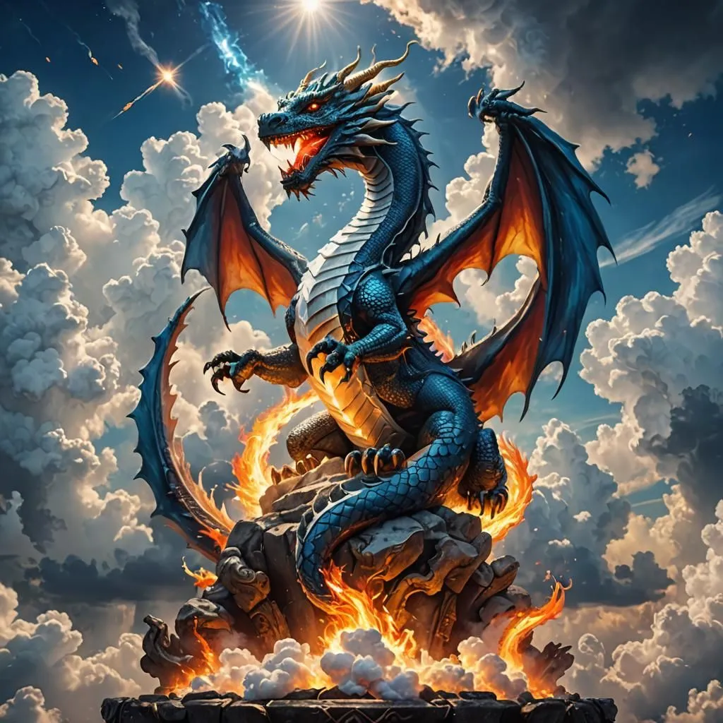 The dragon is a fearsome creature with a long, serpentine body covered in scales. It has a pair of powerful wings and a long, forked tail. The dragon's head is狰狞的, with a large mouth full of sharp teeth. Its eyes are a deep, piercing blue, and they seem to glow with intelligence. The dragon is perched on a rock, and it is surrounded by flames. The flames are licking at the dragon's body, but they do not seem to harm it. The dragon seems to be enjoying the heat of the flames.