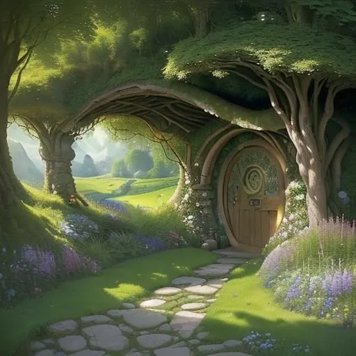 The picture is of a hobbit hole. It is a small, round door set into a hill. The door is made of wood and has a round window. There is a path leading up to the door and there are flowers and plants growing around it. The hobbit hole is located in a forest and there are trees and hills in the background.