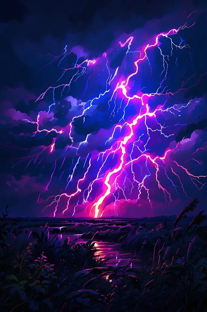 A raging storm is depicted in the image. The sky is dark and filled with ominous clouds. The lightning is almost blinding as it strikes the ground. The thunder is deafening. The rain is coming down in sheets. The wind is howling. The trees are swaying and the leaves are flying. It is a truly terrifying sight.