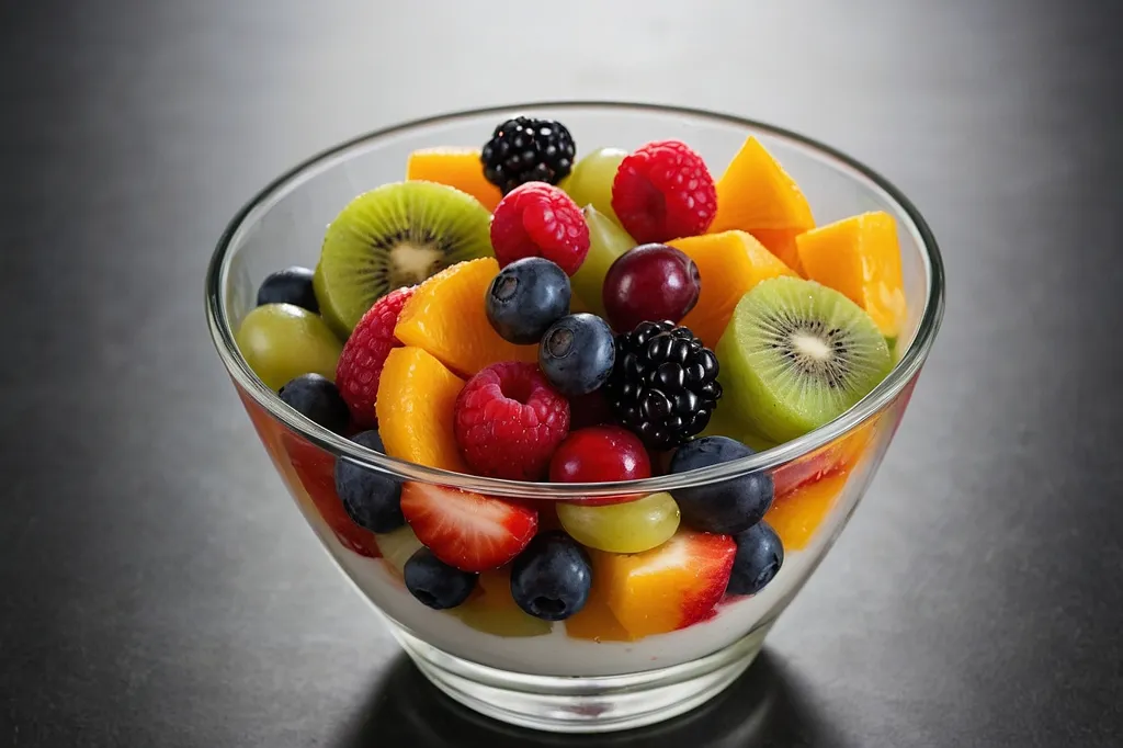 A bowl of fresh fruit salad with blueberries, raspberries, blackberries, peaches, kiwi, and grapes.