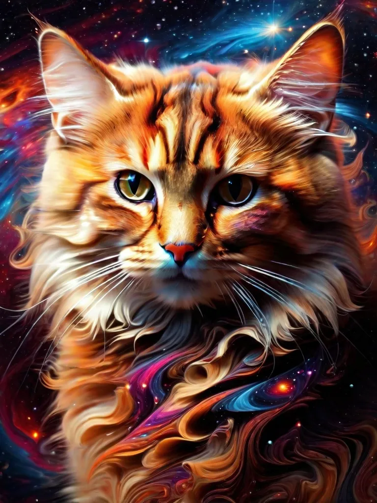 A beautiful painting of a cat with vibrant colors. The cat is in the center of the frame and is looking out at the viewer with its big, green eyes. Its fur is long and looks soft. The background is a colorful blend of purples, blues, and pinks. The painting has a dreamy, ethereal quality and seems to capture the cat's personality.