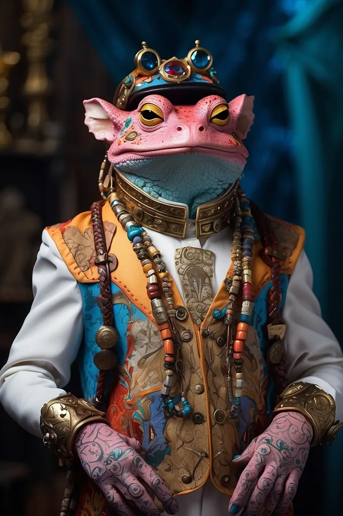 The image is a portrait of a humanoid frog wearing an elaborate outfit. The frog is wearing a white shirt, a gold and blue vest, and a brown hat with goggles. It has a necklace made of beads and coins, and its hands are covered in rings and bracelets. The frog is standing in front of a blue background, and it has a serious expression on its face.