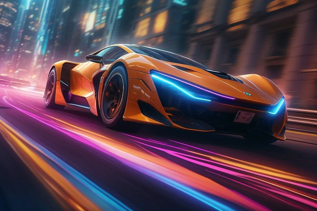 A sleek orange sports car speeds through a futuristic city at night. The car is blurred, and the background is in focus. The city is full of tall buildings and bright lights. The car is lit up by neon lights, and the wheels are glowing. The car is moving very fast, and the background is streaking by. The image is very dynamic and exciting.