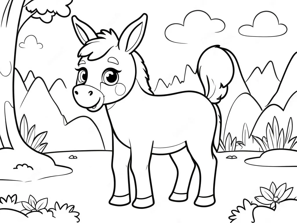 This is a coloring page of a donkey. The donkey is standing in a field, there are two mountains in the background and a tree and some bushes to the left. There are clouds in the sky and the sun is shining. The donkey has a big smile on its face and is looking at the viewer.